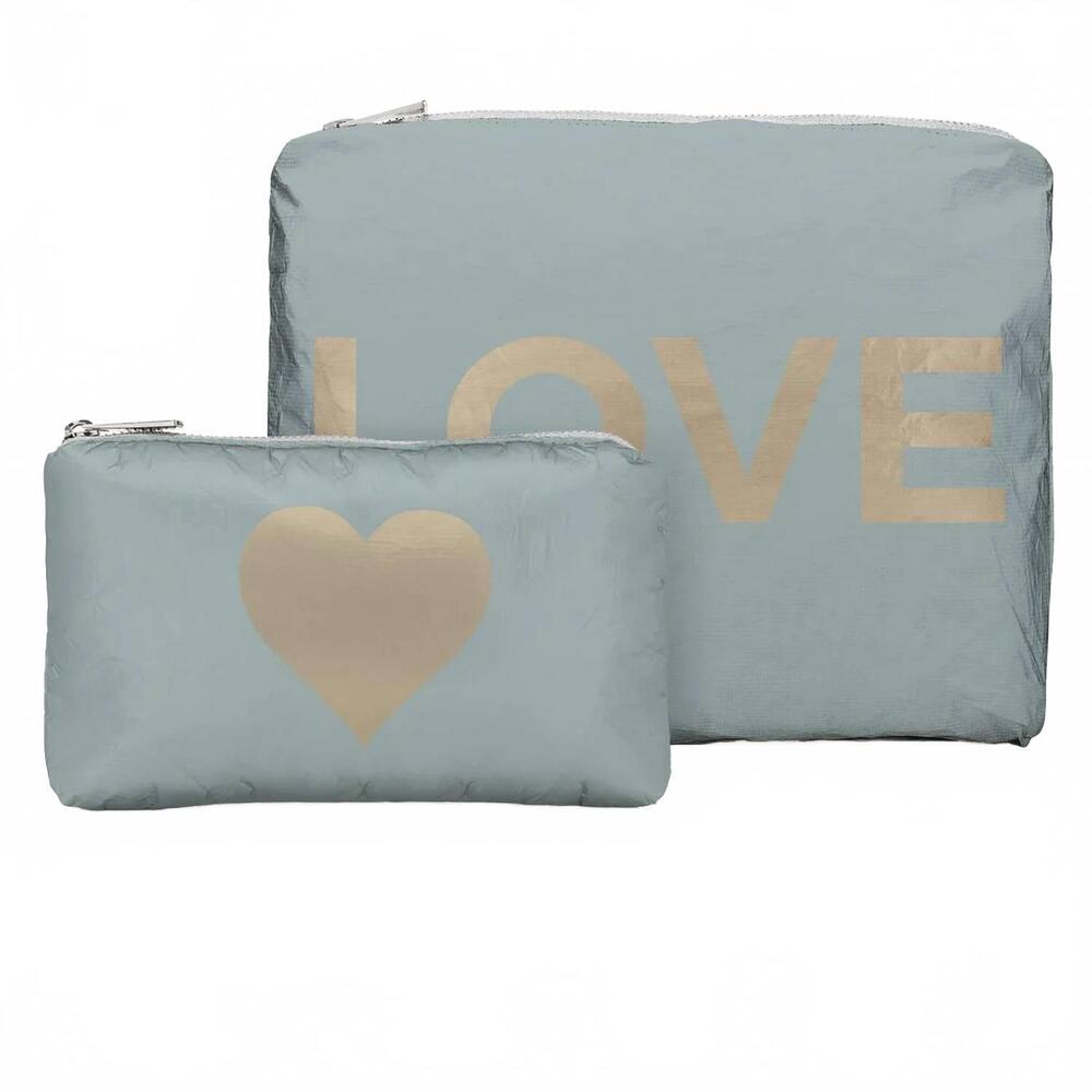 NEW HI LOVE TRAVEL women's zipper pouch in shimmer grey golden love